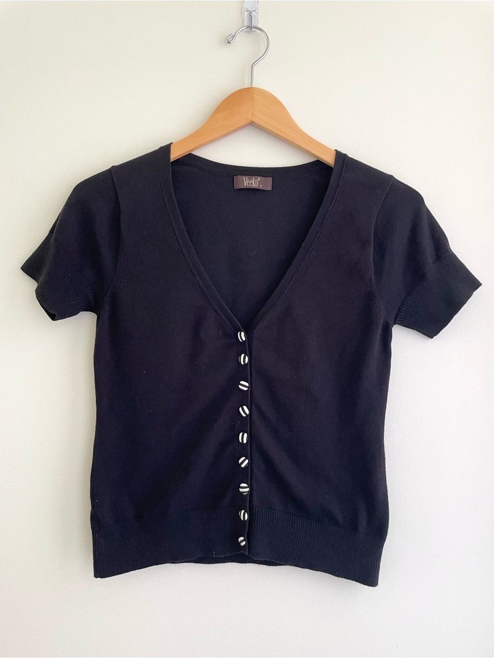 Black Short-Sleeve Preppy Goth Striped Button V-Neck Cardigan